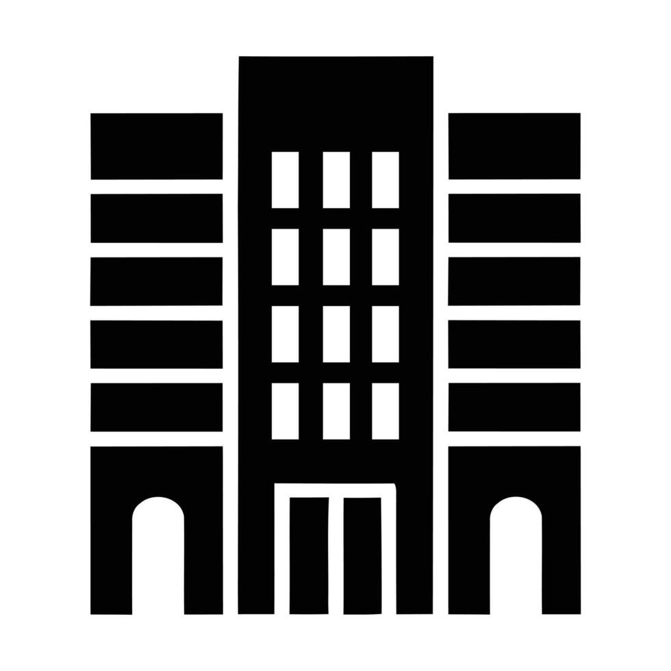 Stylized black and white building icon representing architecture and urban development vector