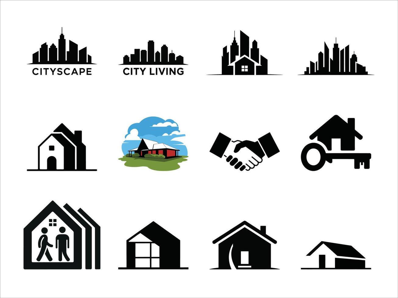 Real estate development includes home construction, architecture, and apartment buildings, contributing to city skylines and housing investments. vector