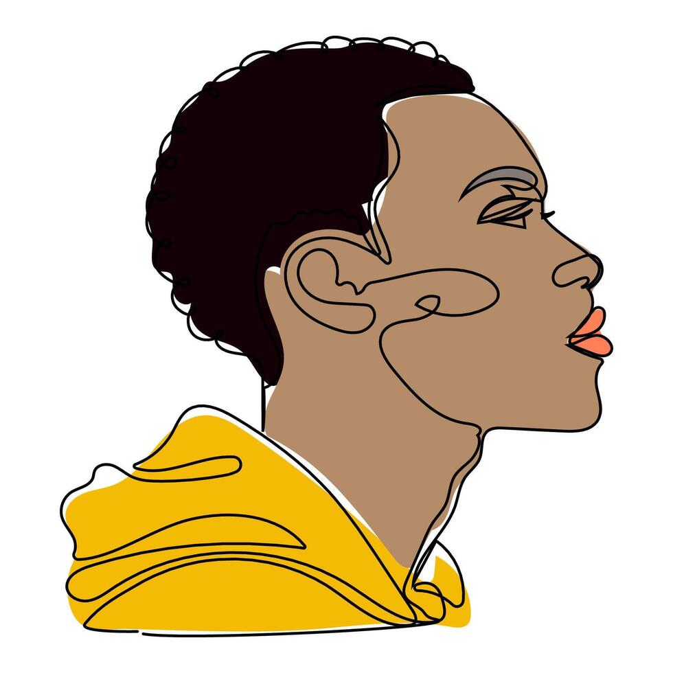 Continuous line drawing of an African American man on a white background. Stylized profile of a young person in a yellow hoodie showcasing creativity and individuality through simple line art vector