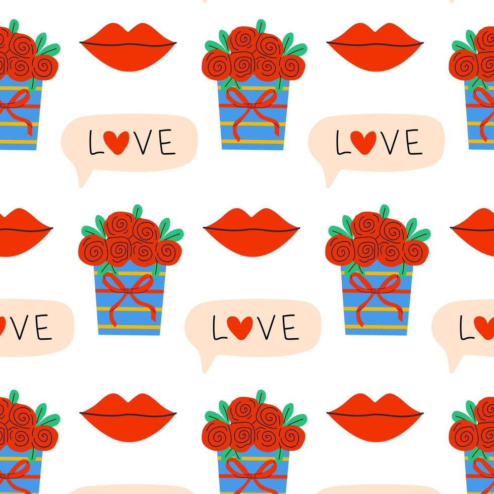 A Beautiful and Colorful Love Pattern Featuring Roses and Lips Design for Various Uses vector