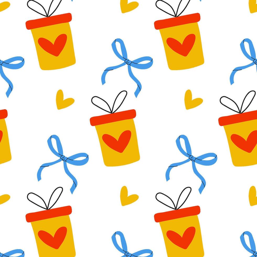 A Vibrant and Colorful Pattern of Gift Boxes that Feature Hearts and Charming Bows vector
