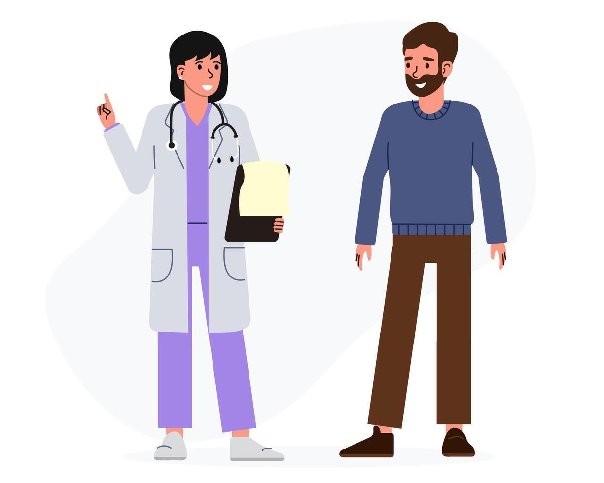 Healthcare professional discussing patient details with a man in a casual setting vector