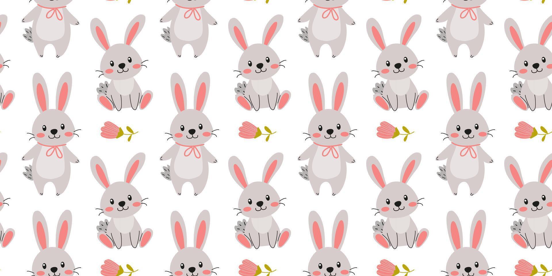 Cute cartoon bunnies surrounded by flowers create a whimsical pattern for decoration and design vector