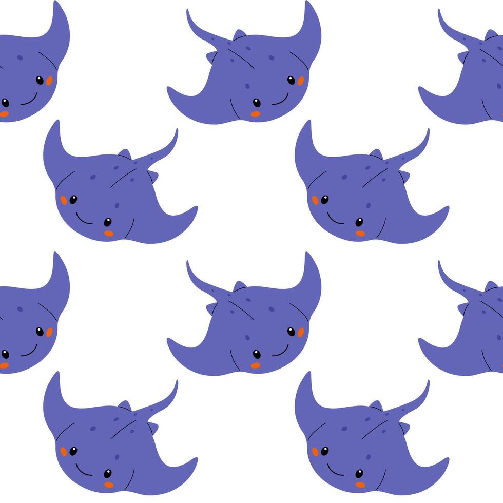 Cute purple stingrays with smiling faces swimming across a white background in playful design for children's decor vector