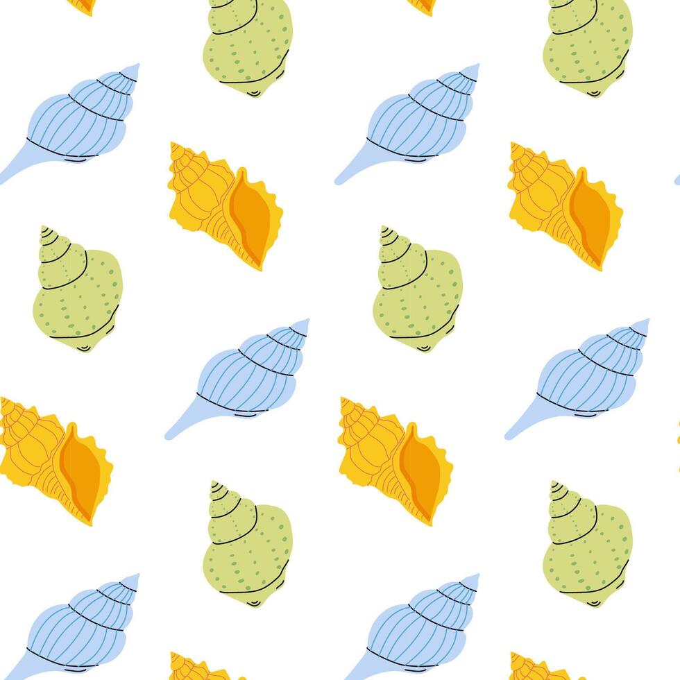 Colorful pattern of seashells in various shapes and colors on a white background vector