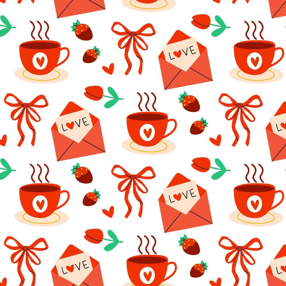 Charming LoveThemed Pattern Featuring Cute Cups and Delicious Strawberries. Seamless pattern for Valentine's Day, illustration in modern style. vector
