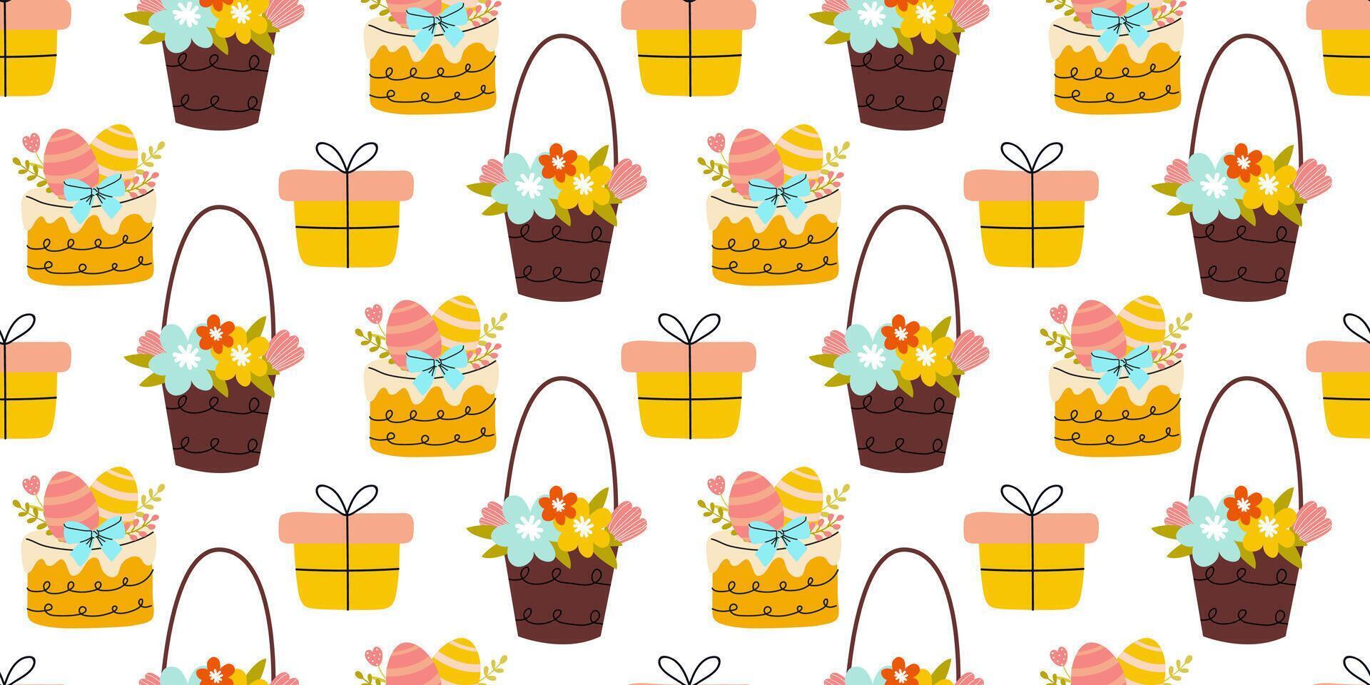Colorful pattern of gift boxes and baskets decorated with flowers and eggs for a festive celebration vector