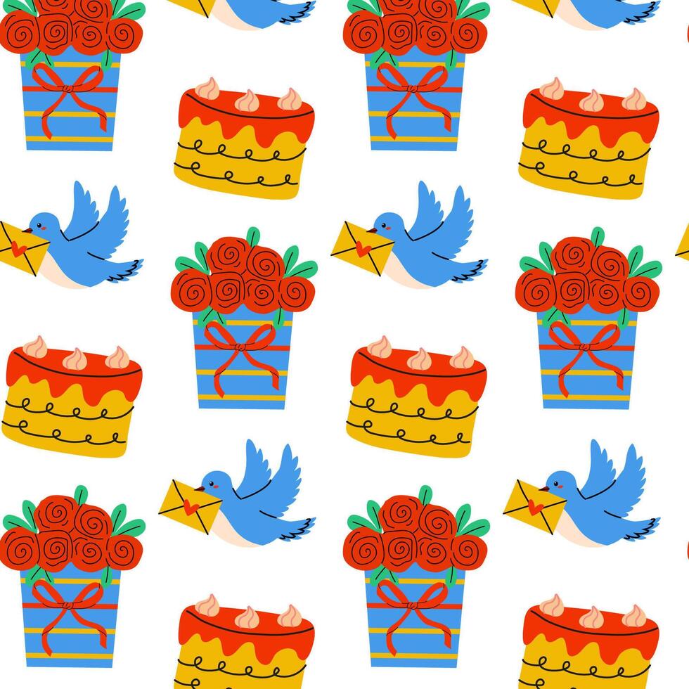 A colorful and joyful celebration pattern featuring delightful cakes and cheerful birds vector