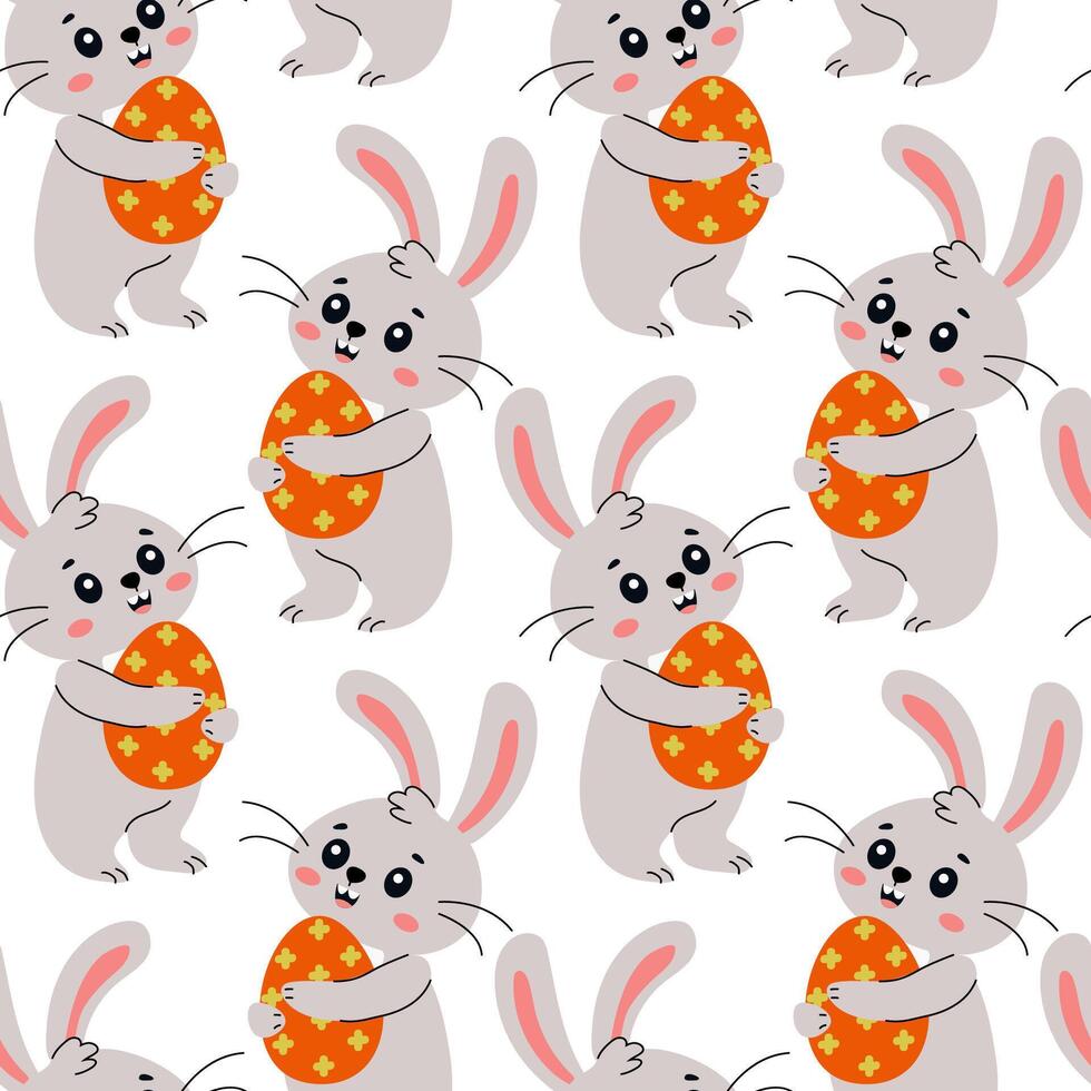 Cute cartoon rabbits holding orange eggs in a playful pattern on a white background vector