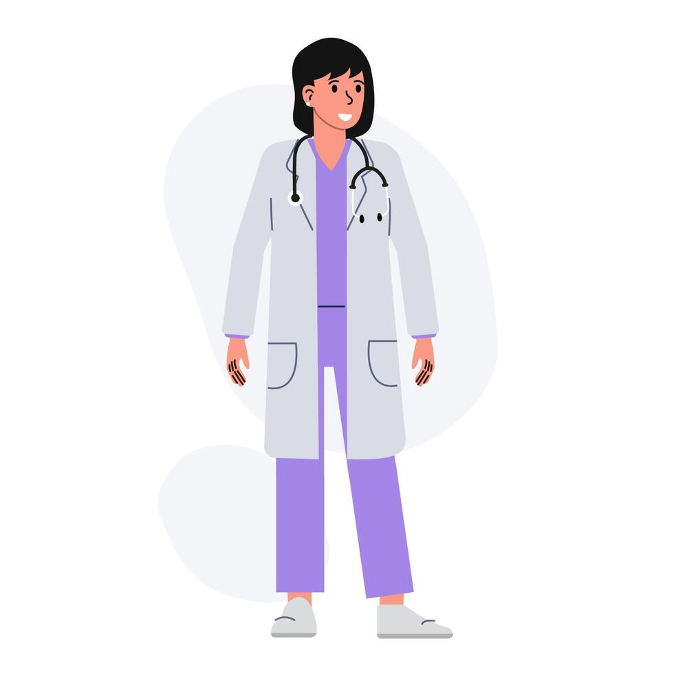 Doctor in white coat smiling, showcasing confidence and readiness for patient care in a modern healthcare setting vector