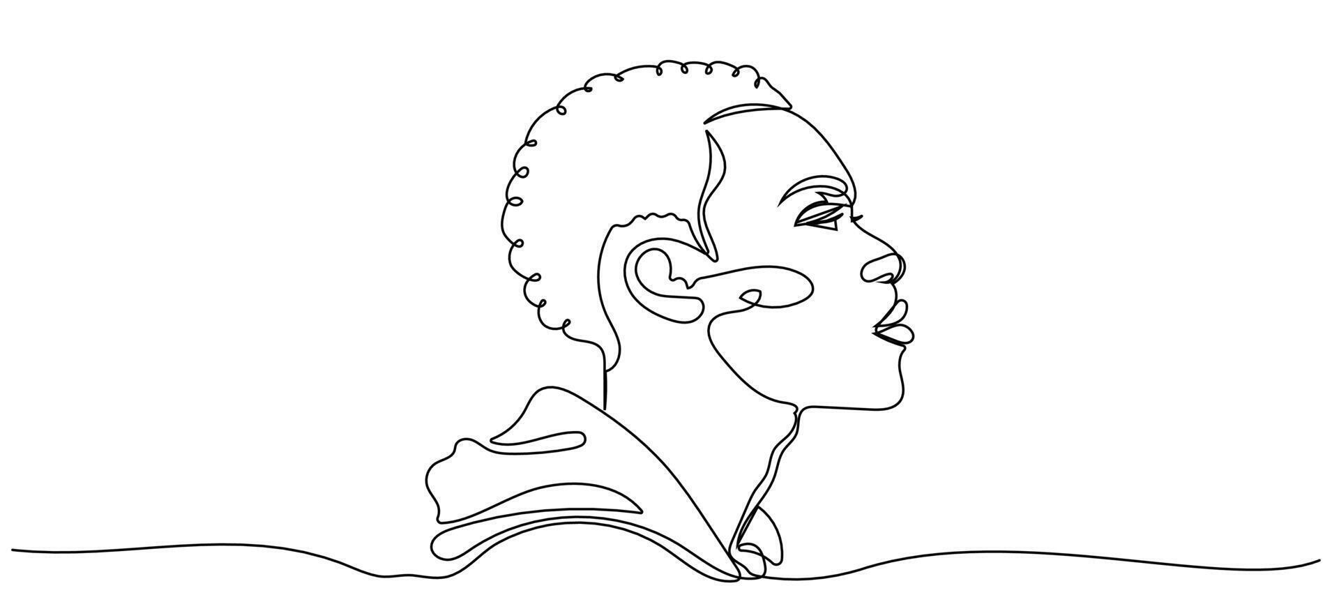 Continuous line drawing of an African American man on a white background. Line art portrait of a young man emerging from water during a contemplation moment in a serene setting vector