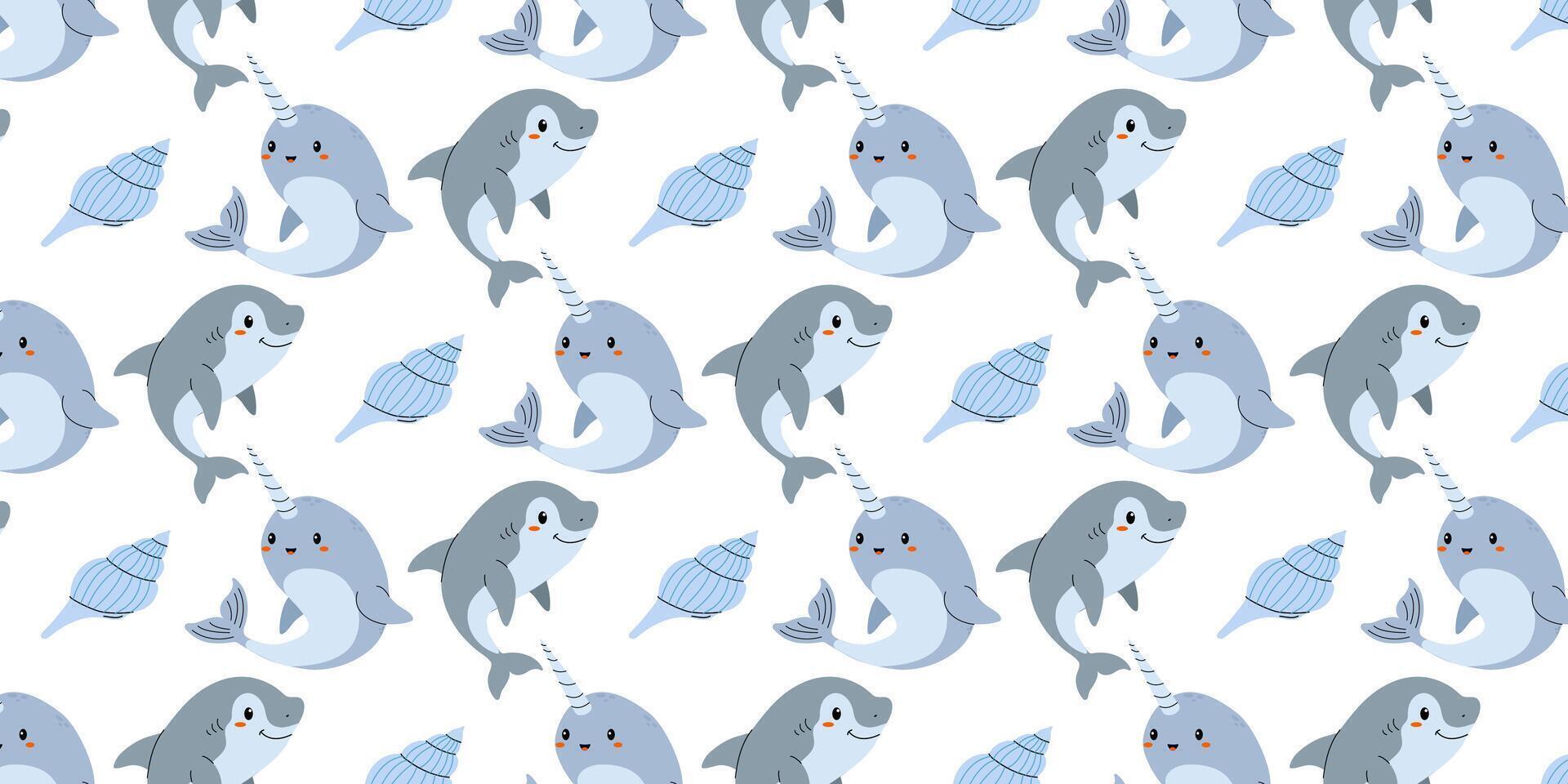 Colorful pattern featuring playful narwhals and seashells in a whimsical underwater theme vector