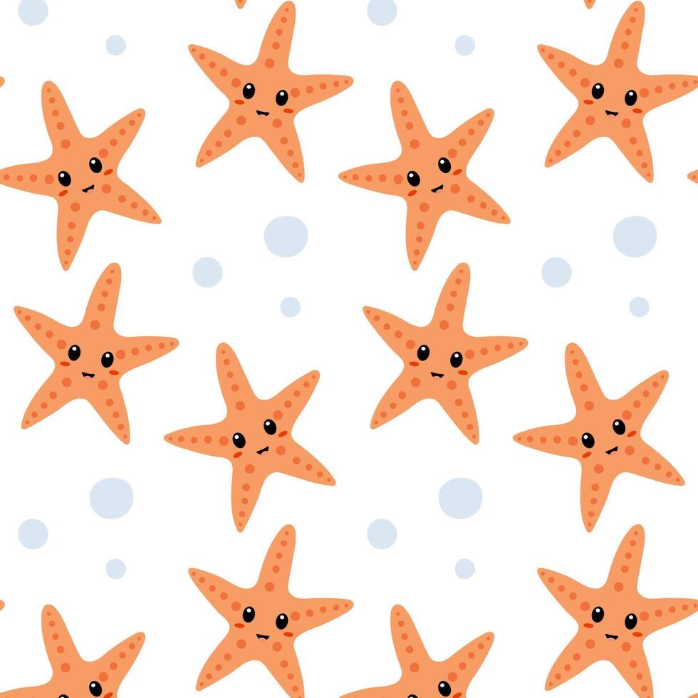 Colorful starfish pattern with faces on a white background creating a playful marine theme vector