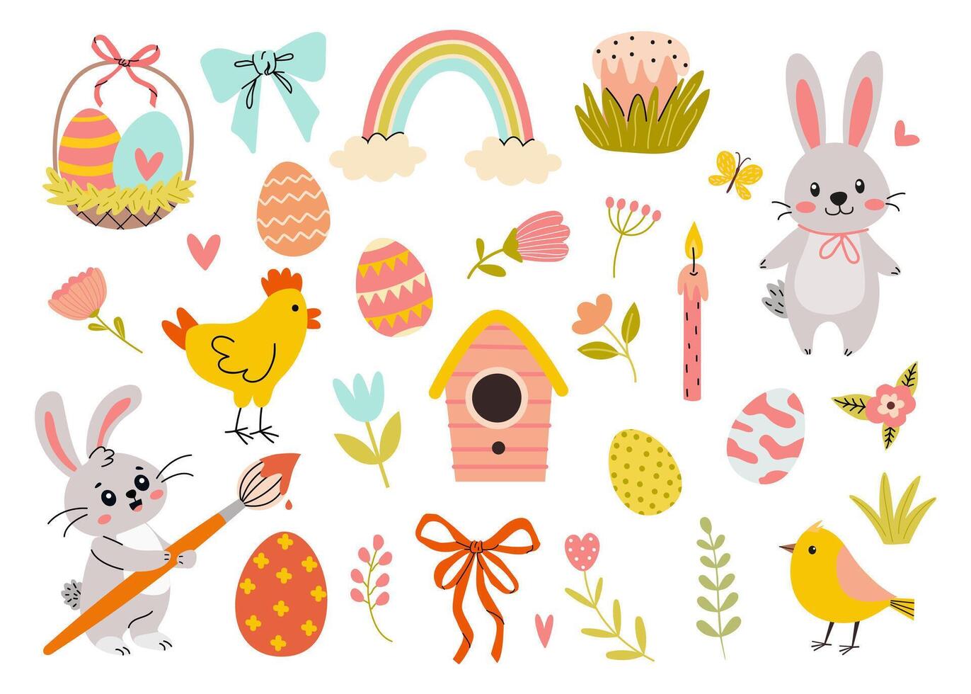 Bright and Colorful Illustrated Easter Scenes Featuring Bunnies, Colorful Eggs, and Spring Elements vector