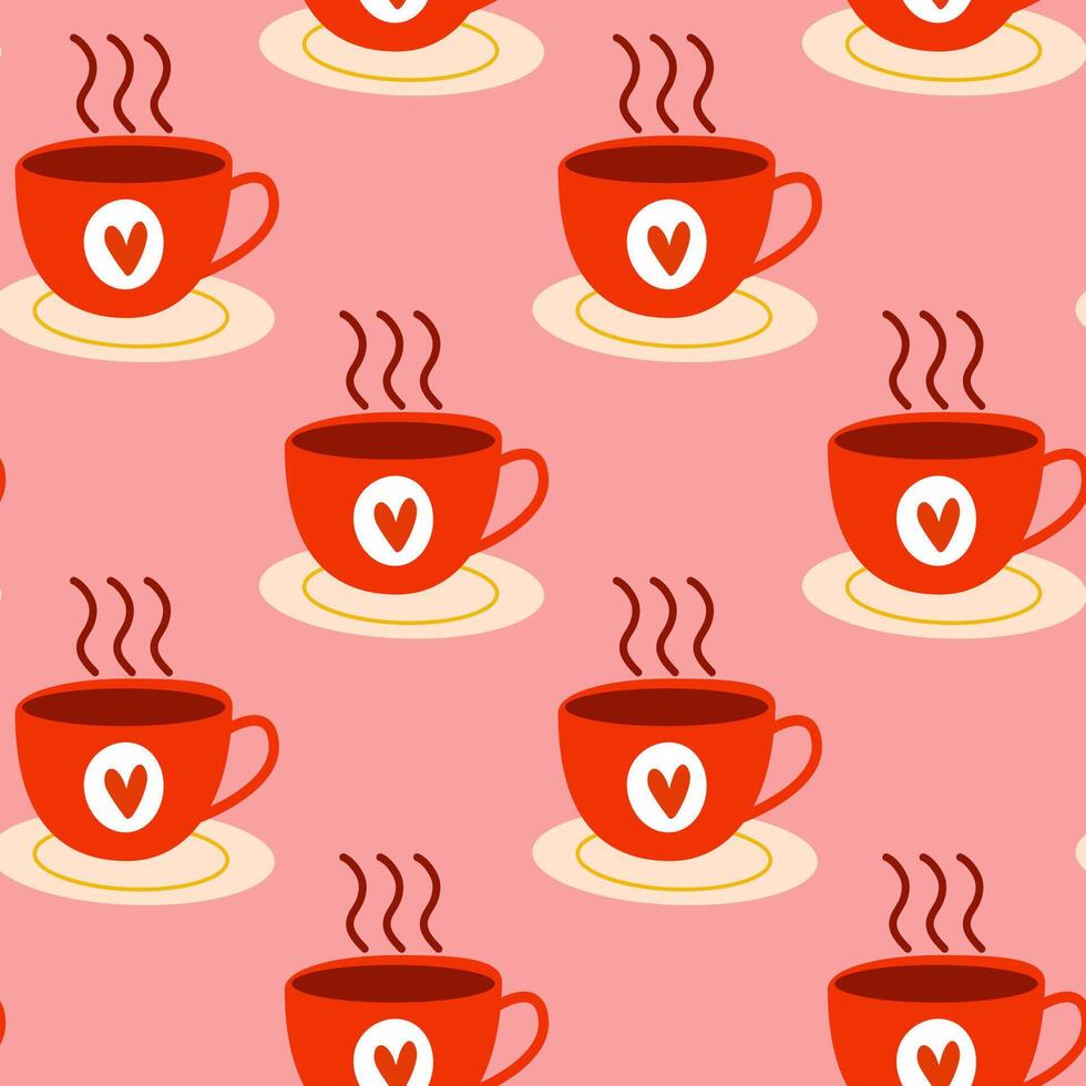 Adorable and Cute Pattern Featuring Red Coffee Cups Embellished with Charming Hearts vector