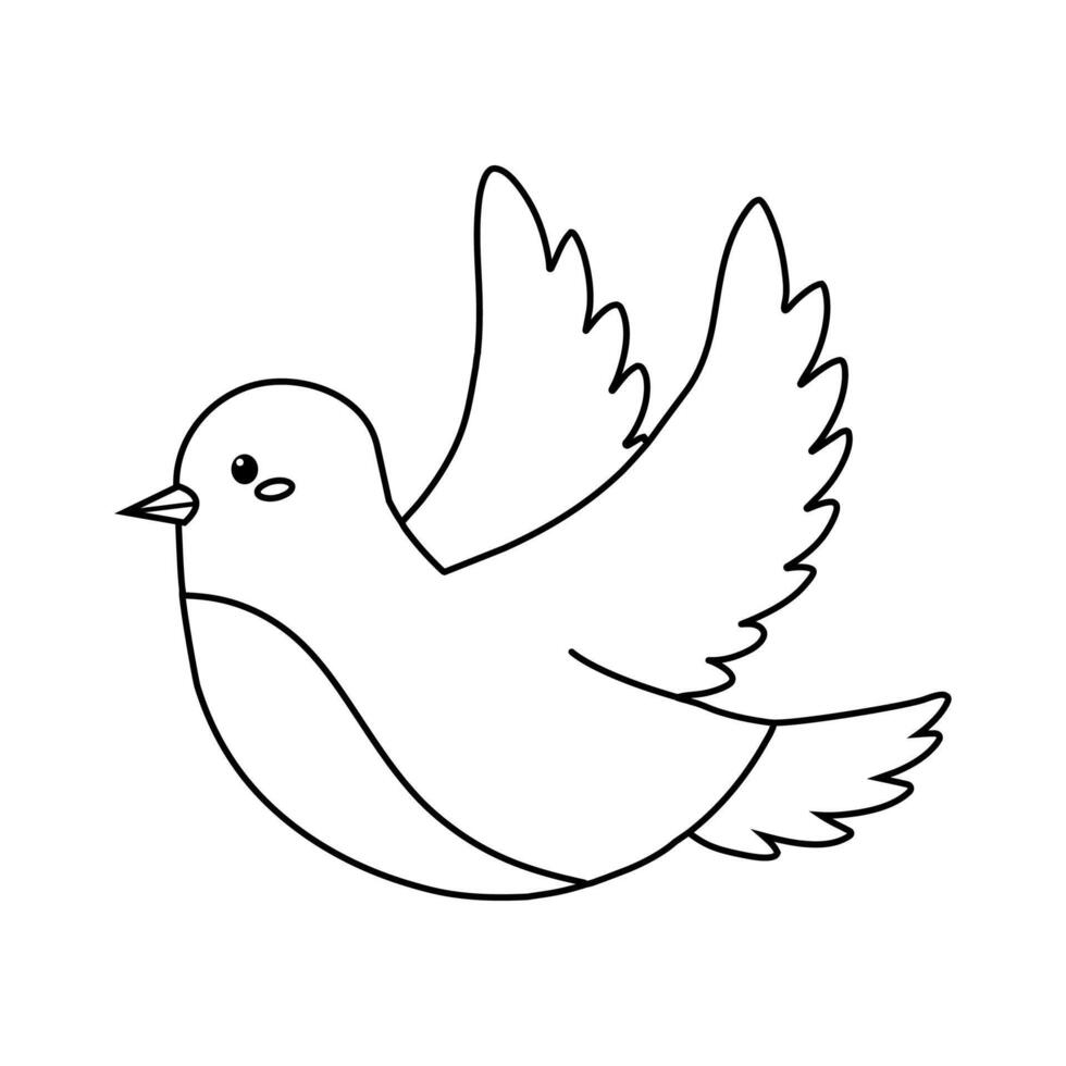 Flying bird illustration with detailed wings and body design in black and white outline style vector