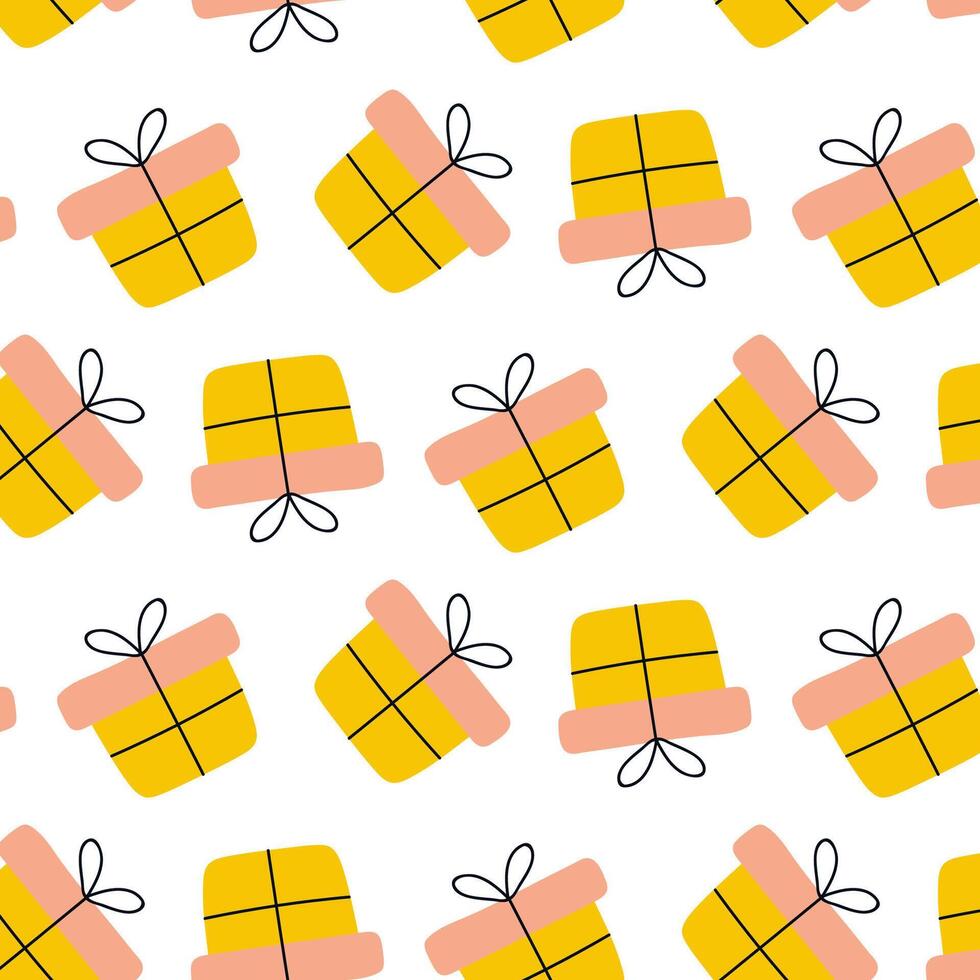 Brightly patterned wrapping paper featuring cheerful yellow gift boxes with bows on a clean white background vector