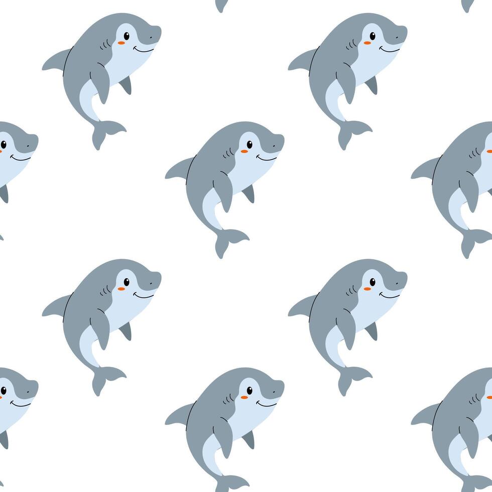 Cute cartoon sharks swimming playfully against a white background in a fun and whimsical pattern vector