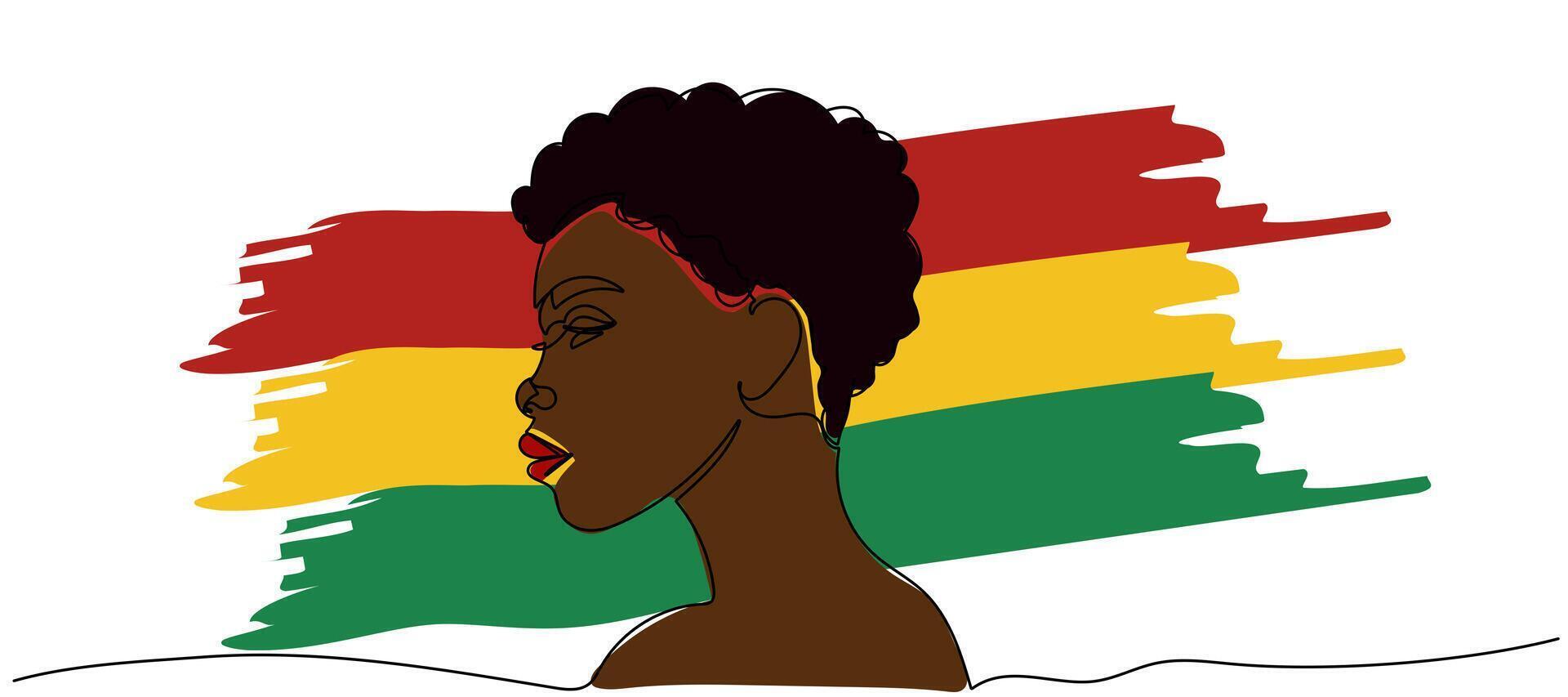Young black woman against a background of red, yellow and green stripes. Continuous line drawing of an African girl. Celebrating Juneteenth Freedom Day vector