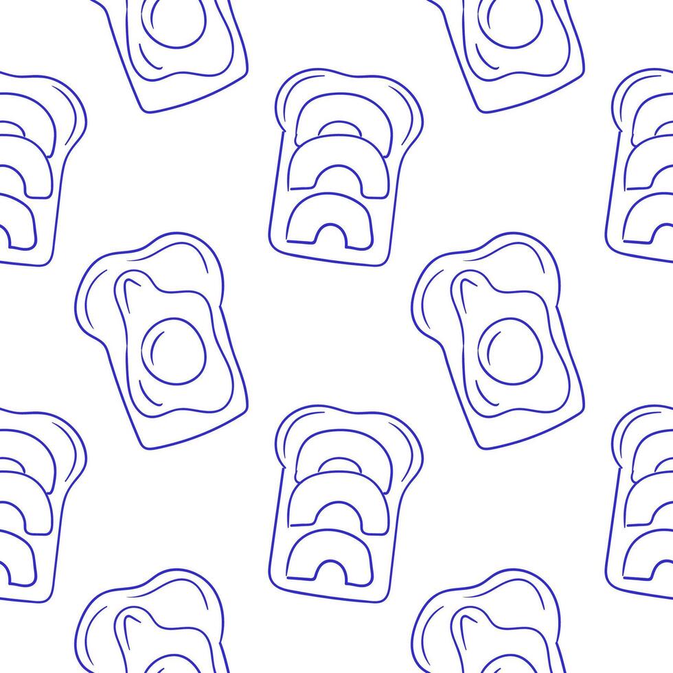 Seamless pattern Several slices of toast with fried eggs and fresh avocado on a white background in a modern design vector