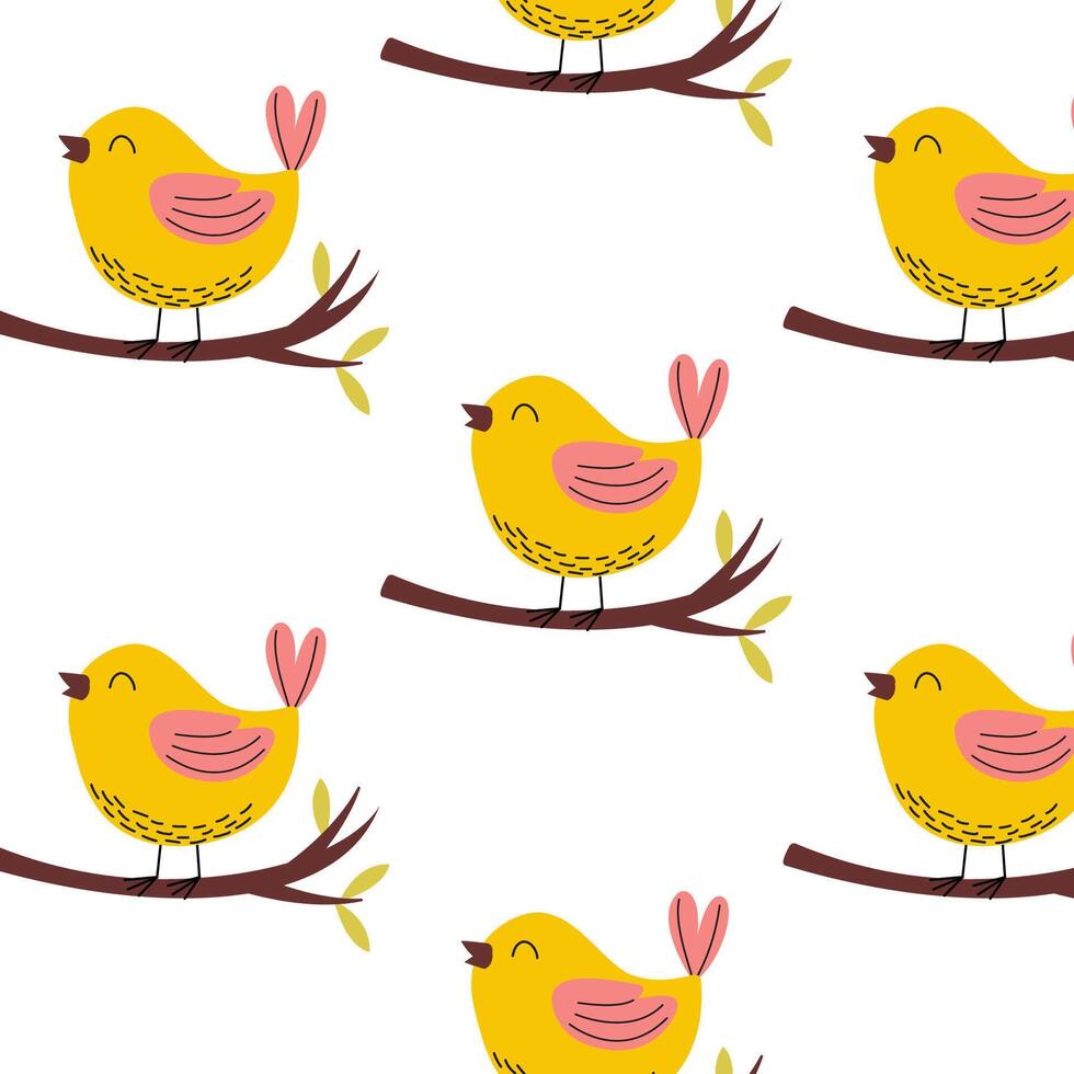 Colorful yellow birds sitting on branches create a cheerful pattern for home decor or children's items vector