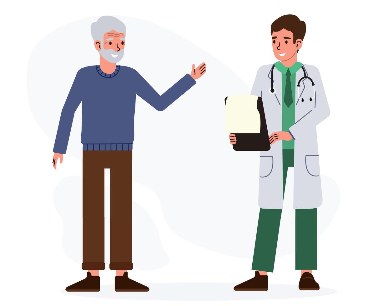 Doctor discusses health report with elderly man during a medical consultation in a clinic setting vector