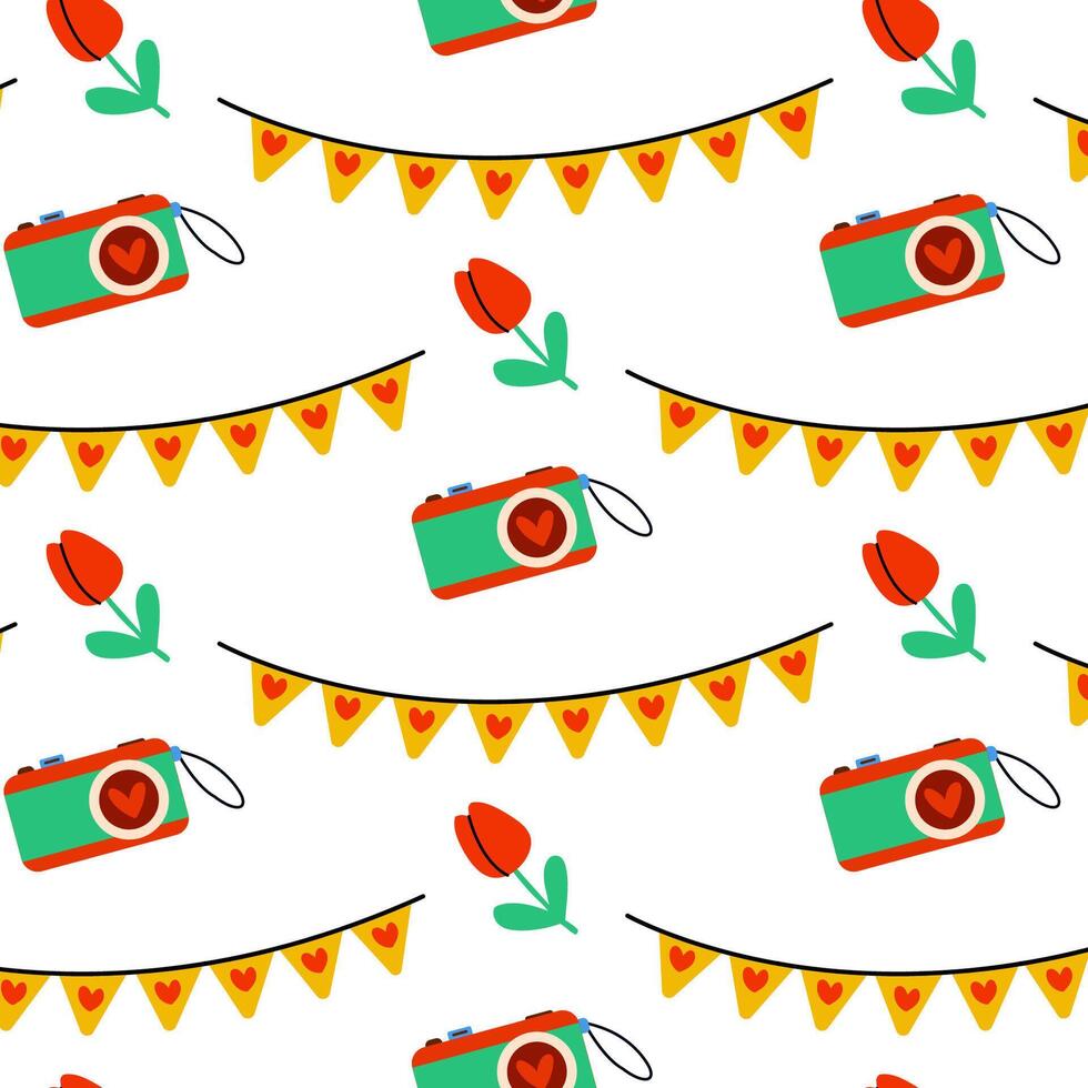 A Colorful Pattern Featuring an Array of Cameras, Banners, and Beautiful Flowers vector