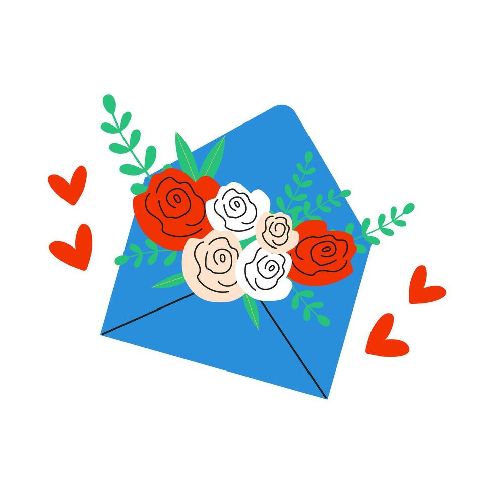 This is a Colorful Floral Envelope adorned with Hearts, perfect for Love and various Greetings vector