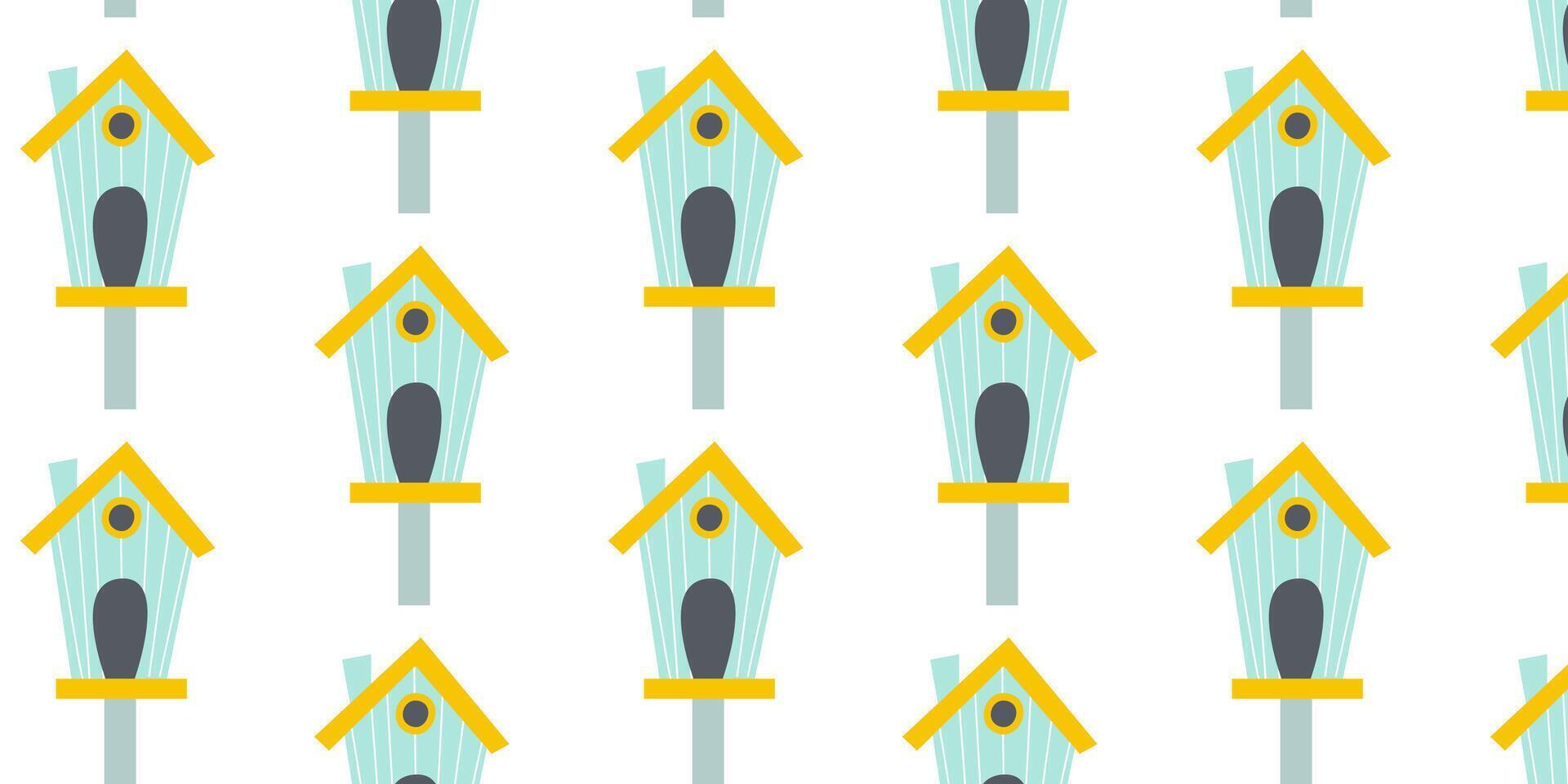 Colorful birdhouses in a repeating pattern on a white background suitable for wallpaper or fabric design vector