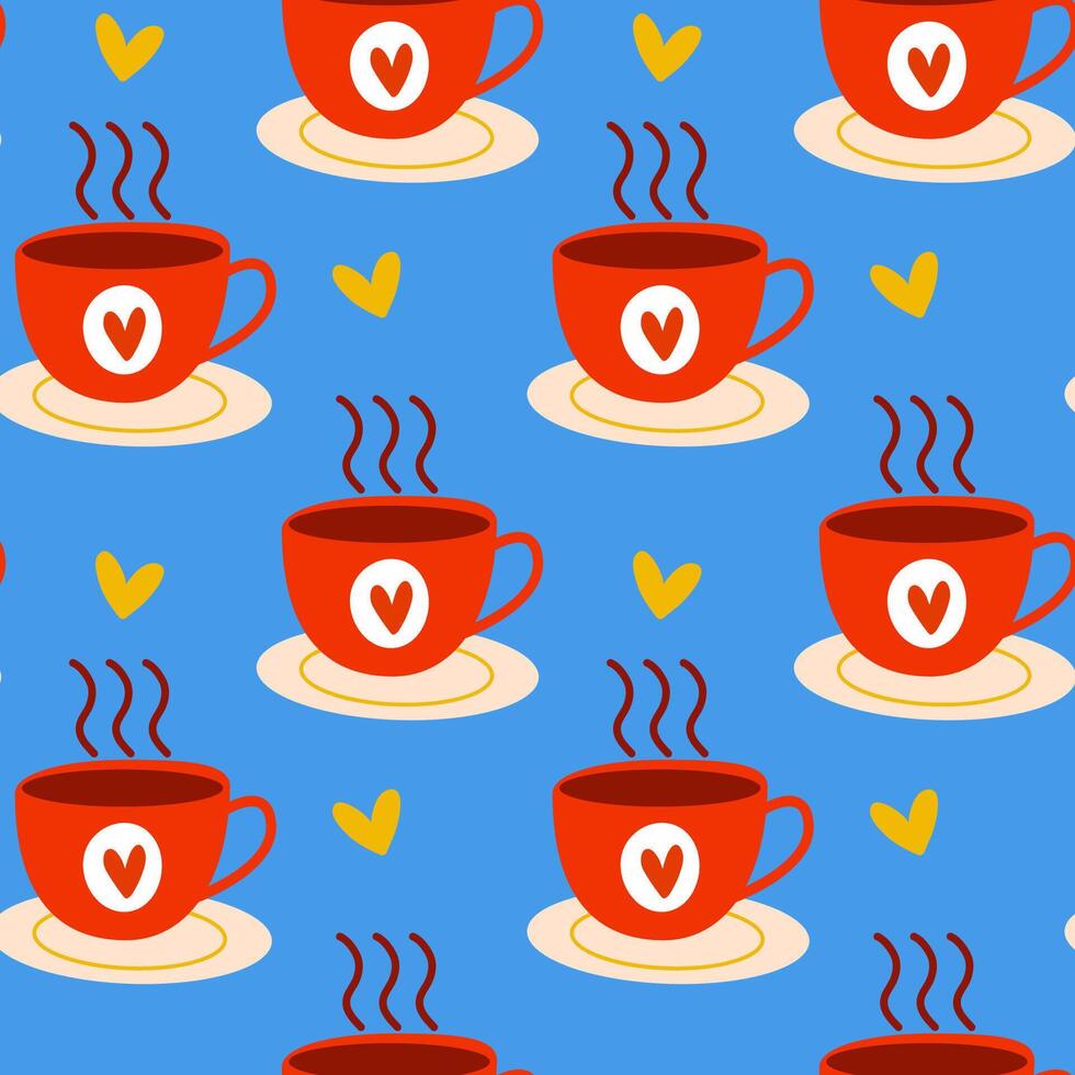 A charming and cute pattern featuring adorable red coffee cups adorned with hearts vector