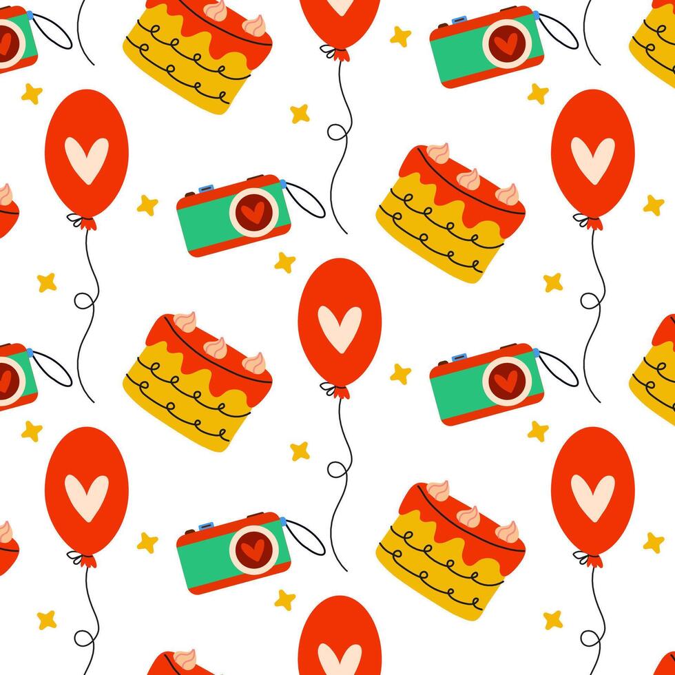 This is a delightful Festive Celebration Pattern featuring Cakes, Balloons, and Joyful Elements vector