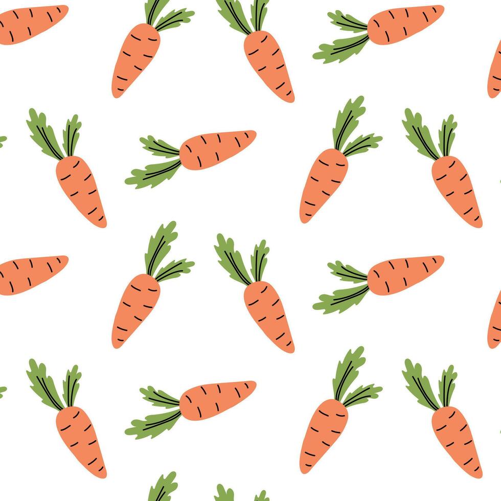 Repeated pattern of orange carrots on a white background with green leaves creates a vibrant and playful design vector