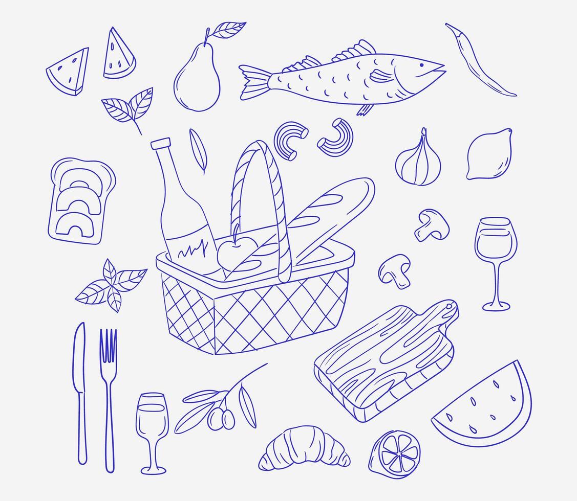 Picnic basket with various foods and drinks ready for outdoor dining at a sunny day gathering vector