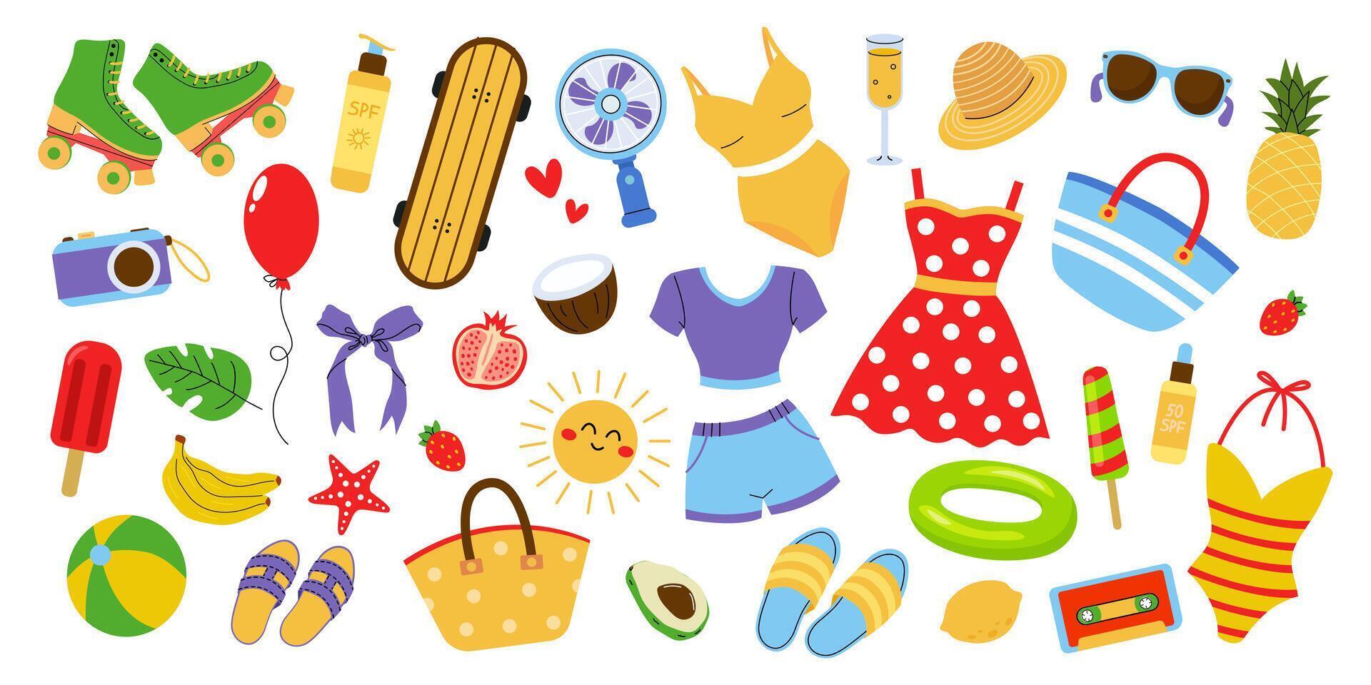 Summer fun essentials featuring beachwear, accessories, and cheerful motifs for a vibrant seaside experience vector