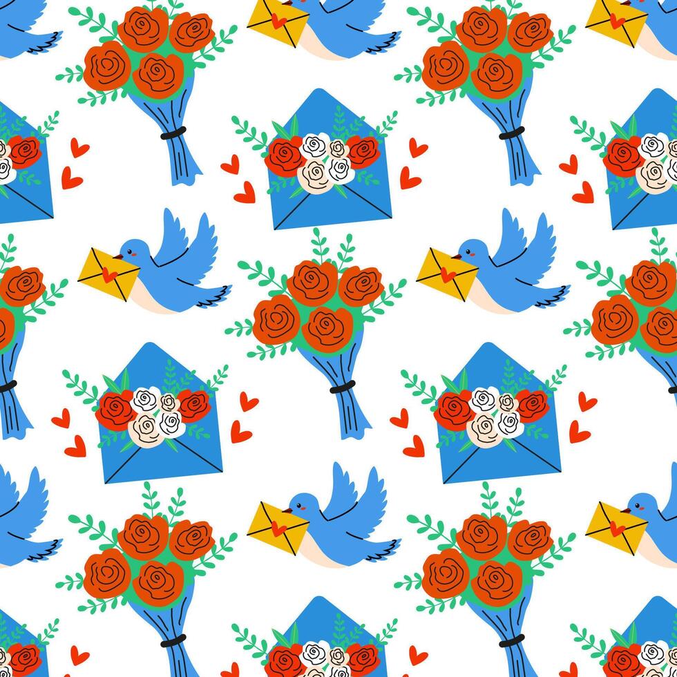 A Vibrant and Colorful Floral Pattern Featuring Birds and Letters in a Cheerful Design. Background for Valentine's day or wedding vector