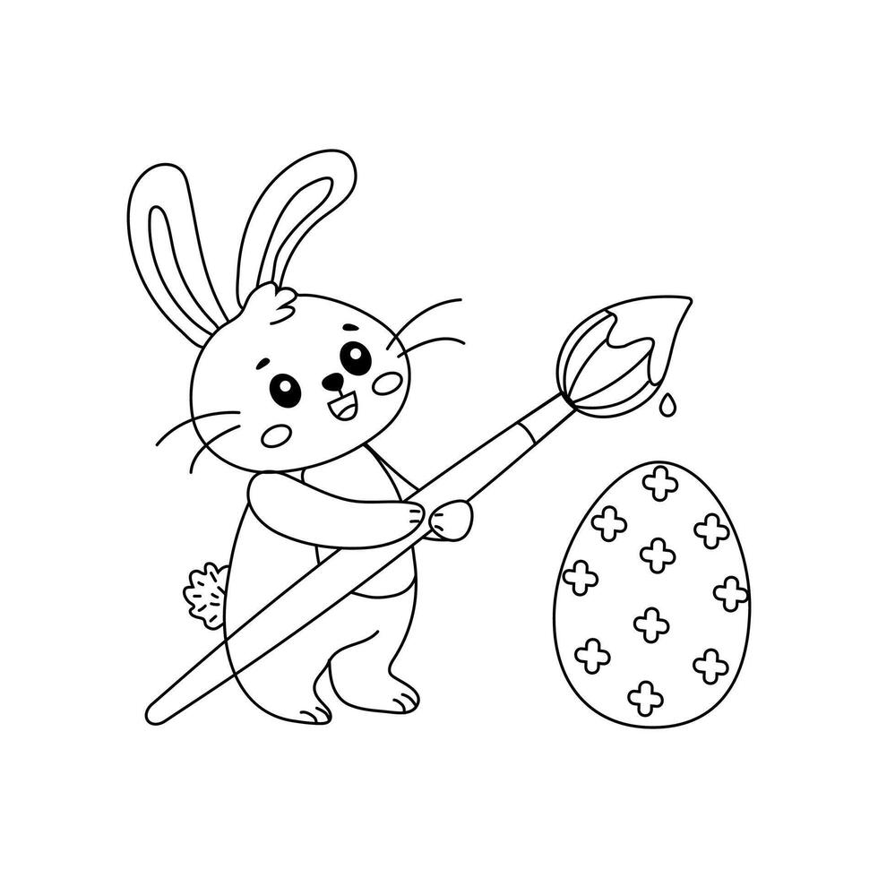 Cute bunny painting an Easter egg in a playful spring setting for a coloring activity vector