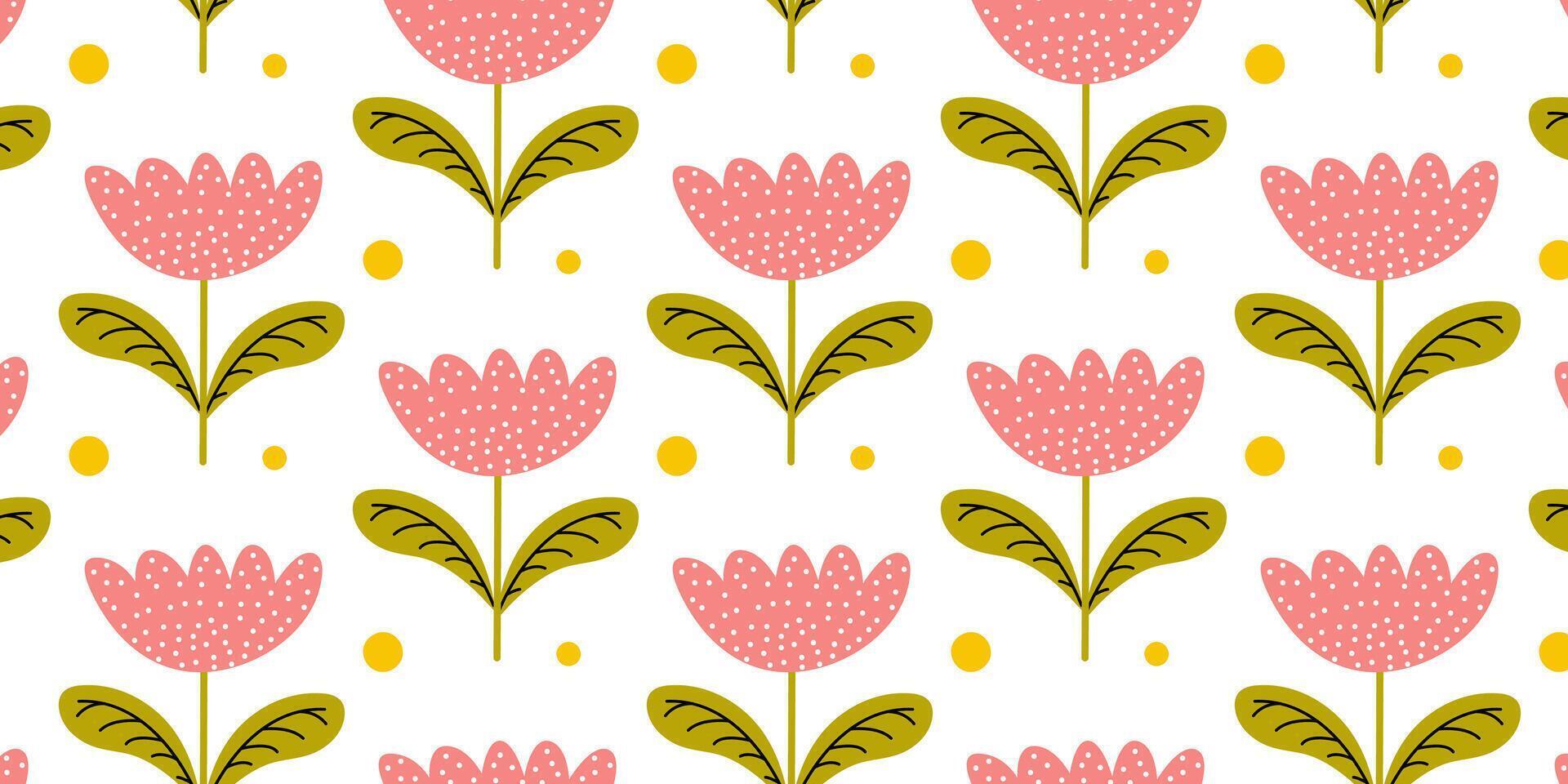 Floral pattern featuring pink flowers and yellow dots on a white background enhances modern decor styles in home design vector