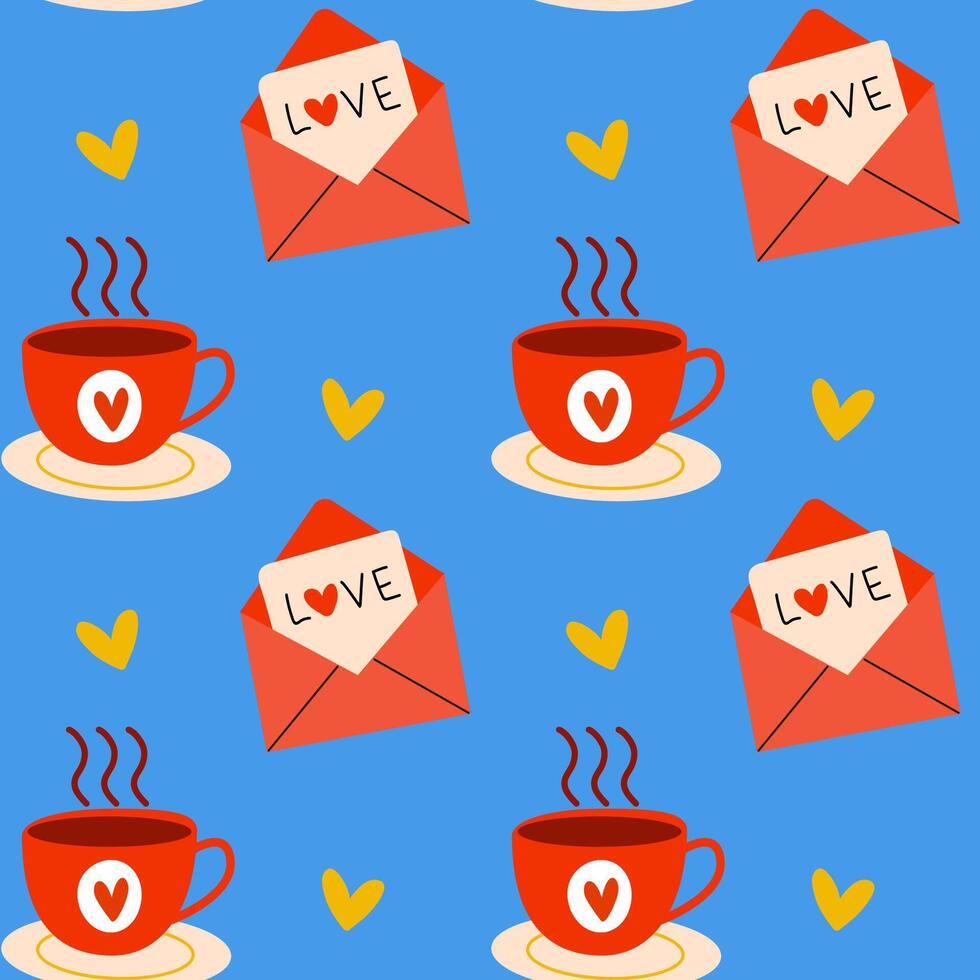 Adorable Pattern Featuring Coffee Cups and Letters Filled with Love and Affection vector