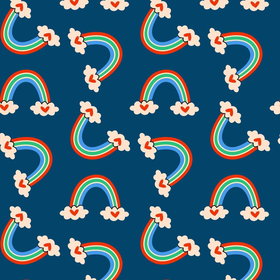 Colorful rainbow pattern with clouds on a dark background suitable for textiles or wallpaper design vector