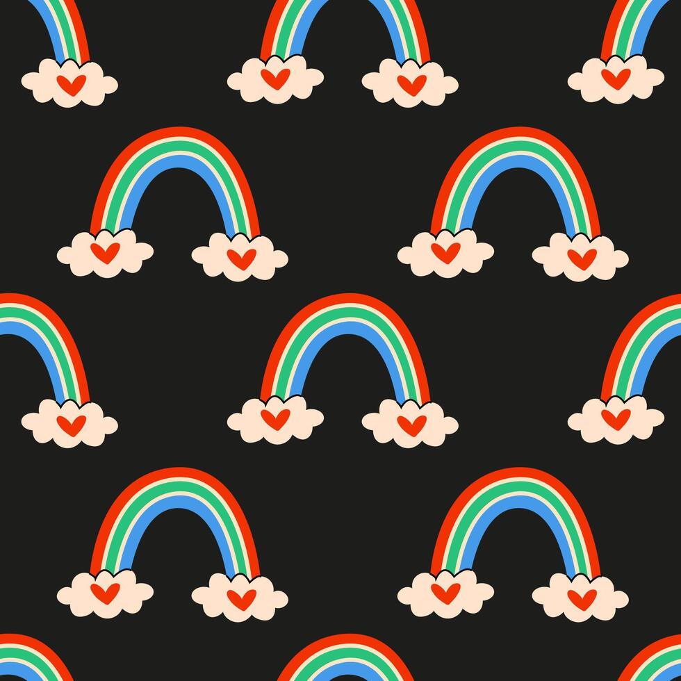 A Colorful Rainbow Pattern Featuring Joyful Hearts and Soft Clouds in a Bright Design vector