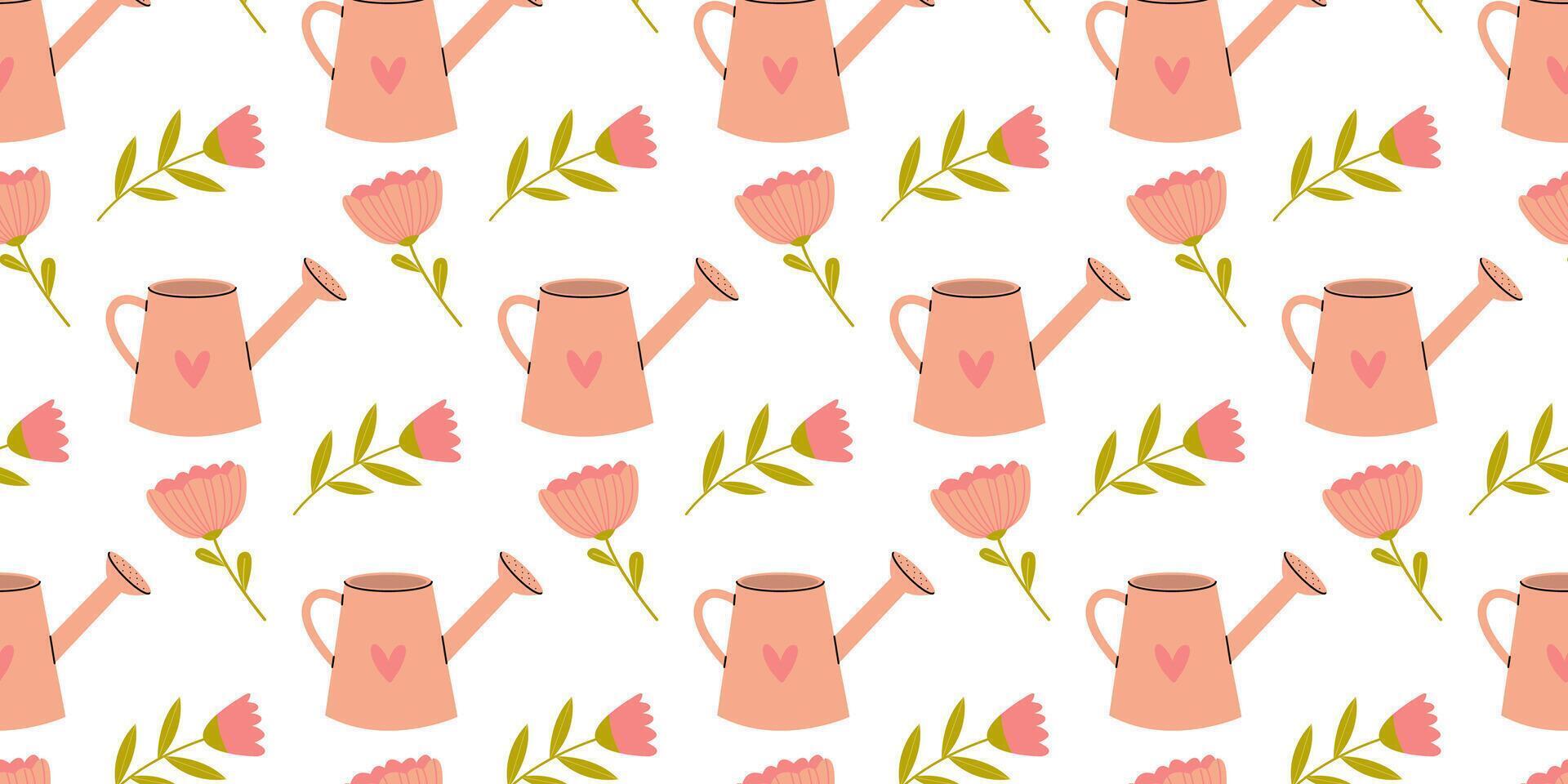 Colorful pattern featuring watering cans and flowers on a white background creates a cheerful and inviting atmosphere vector