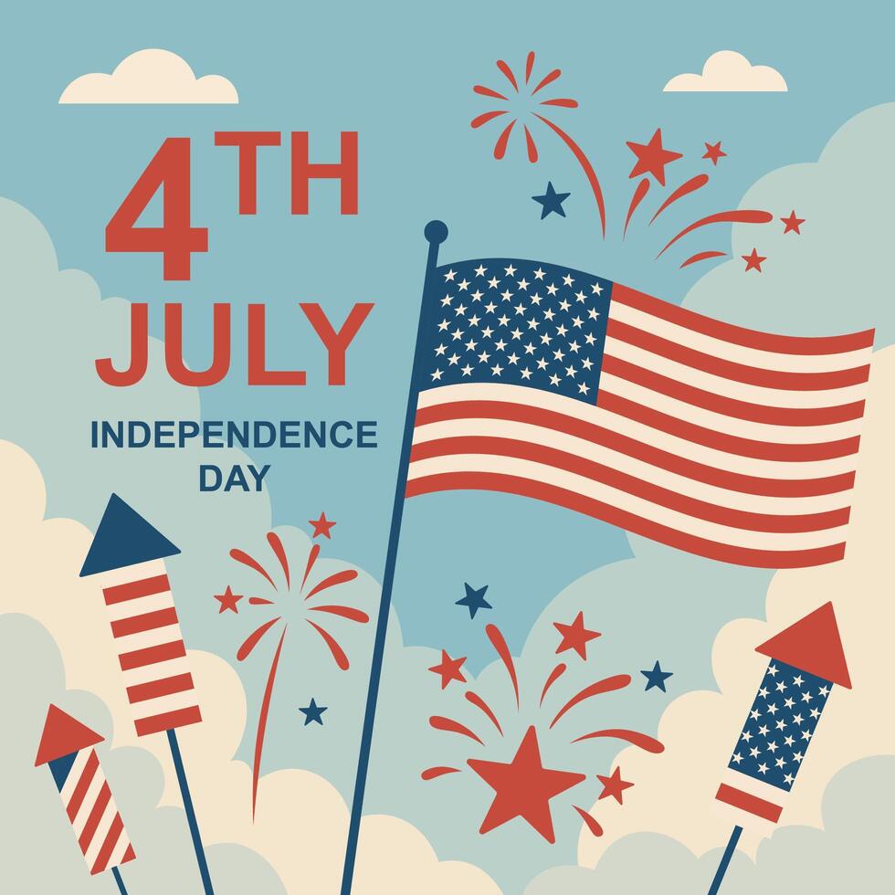 4th july independence day poster with fireworks and stars vector