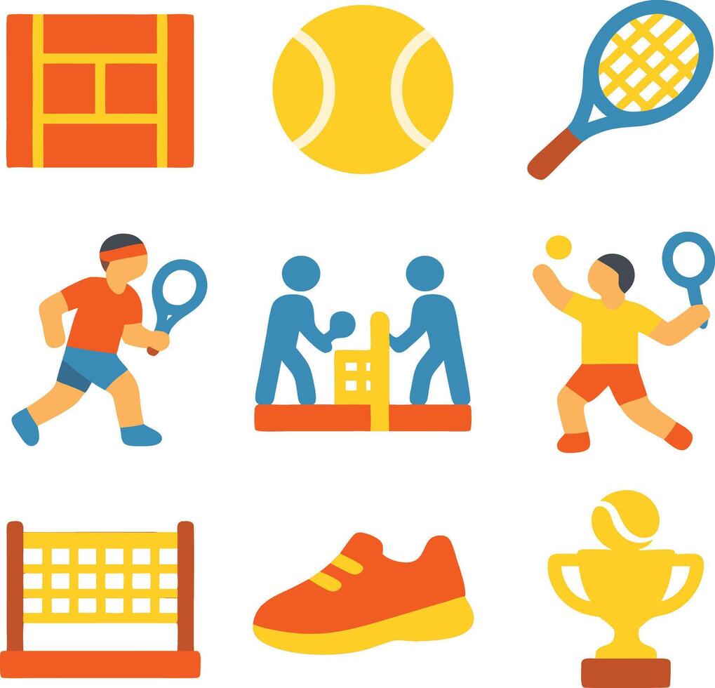 Flat tennis icon pack featuring rackets, balls, courts, and trophies, ideal for sports apps, infographics, websites, or event materials. vector
