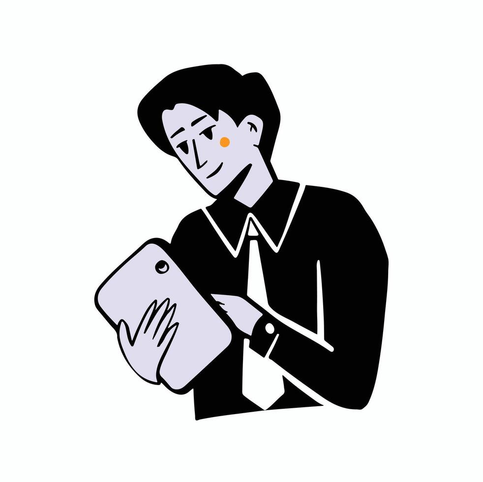 Man with tablet working color style flat vector