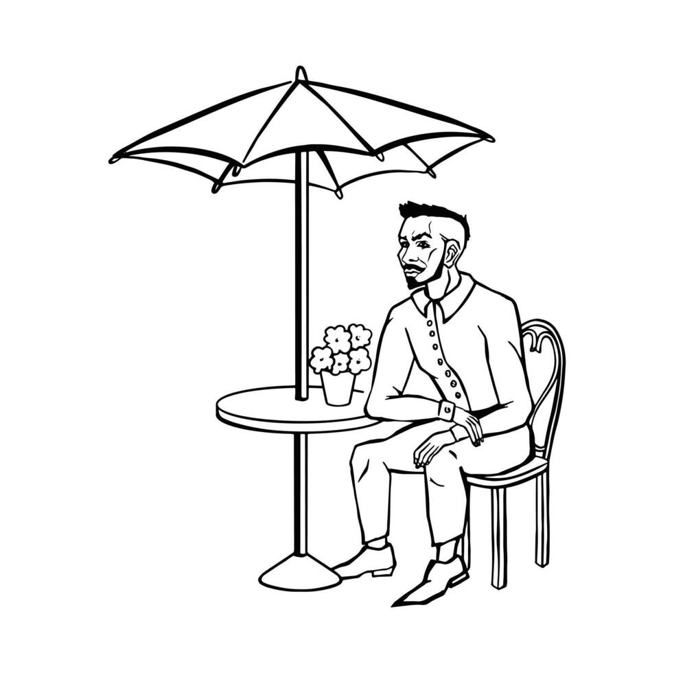 Man sitting alone in cafe line illustration vector