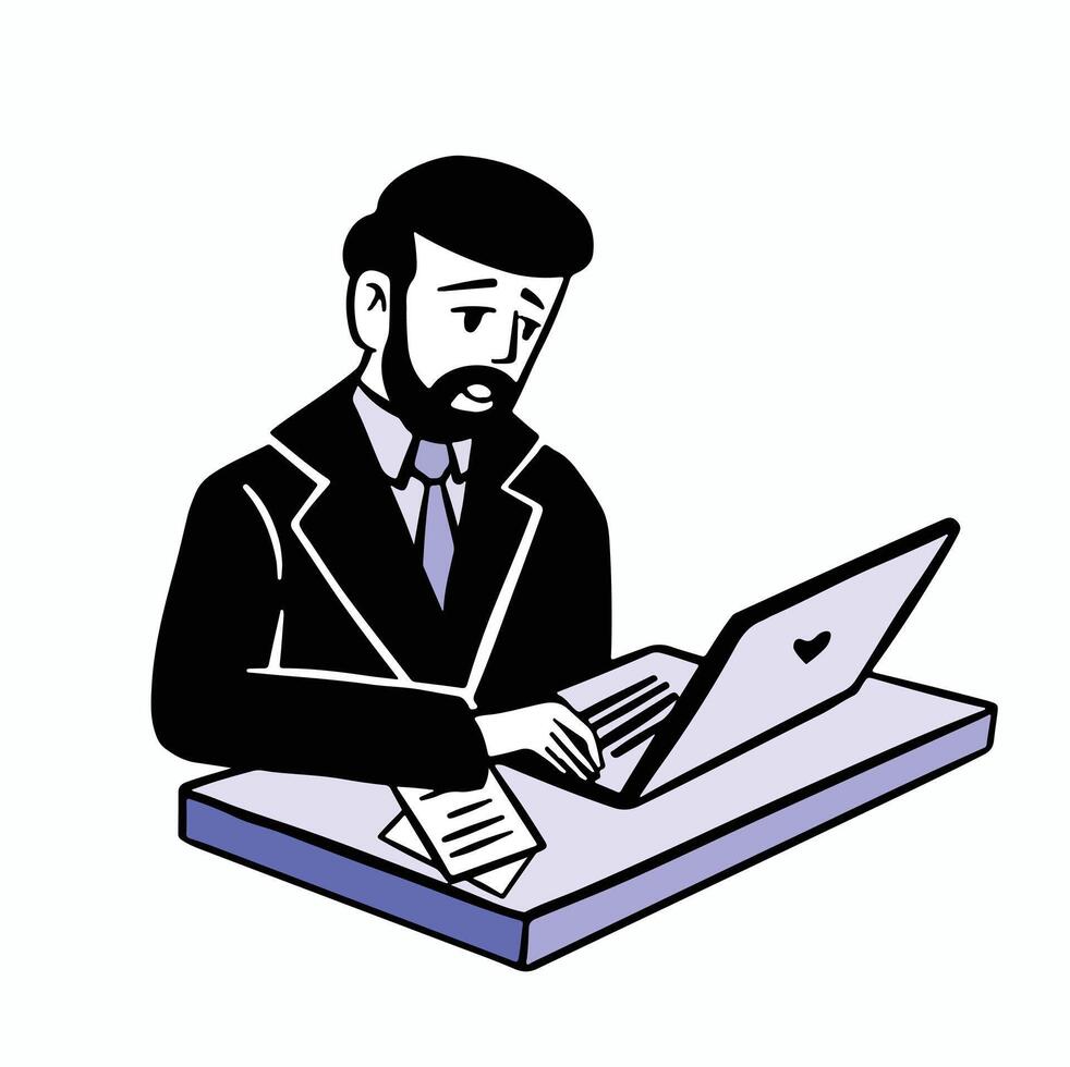 Man with beard works on laptop color style flat vector