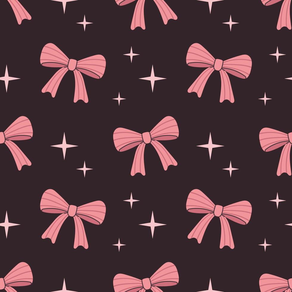 set of cute seamless pattern with pink bows and stars. Fashion background for girls in coquette style. Cute girlish bows wrapping design. vector