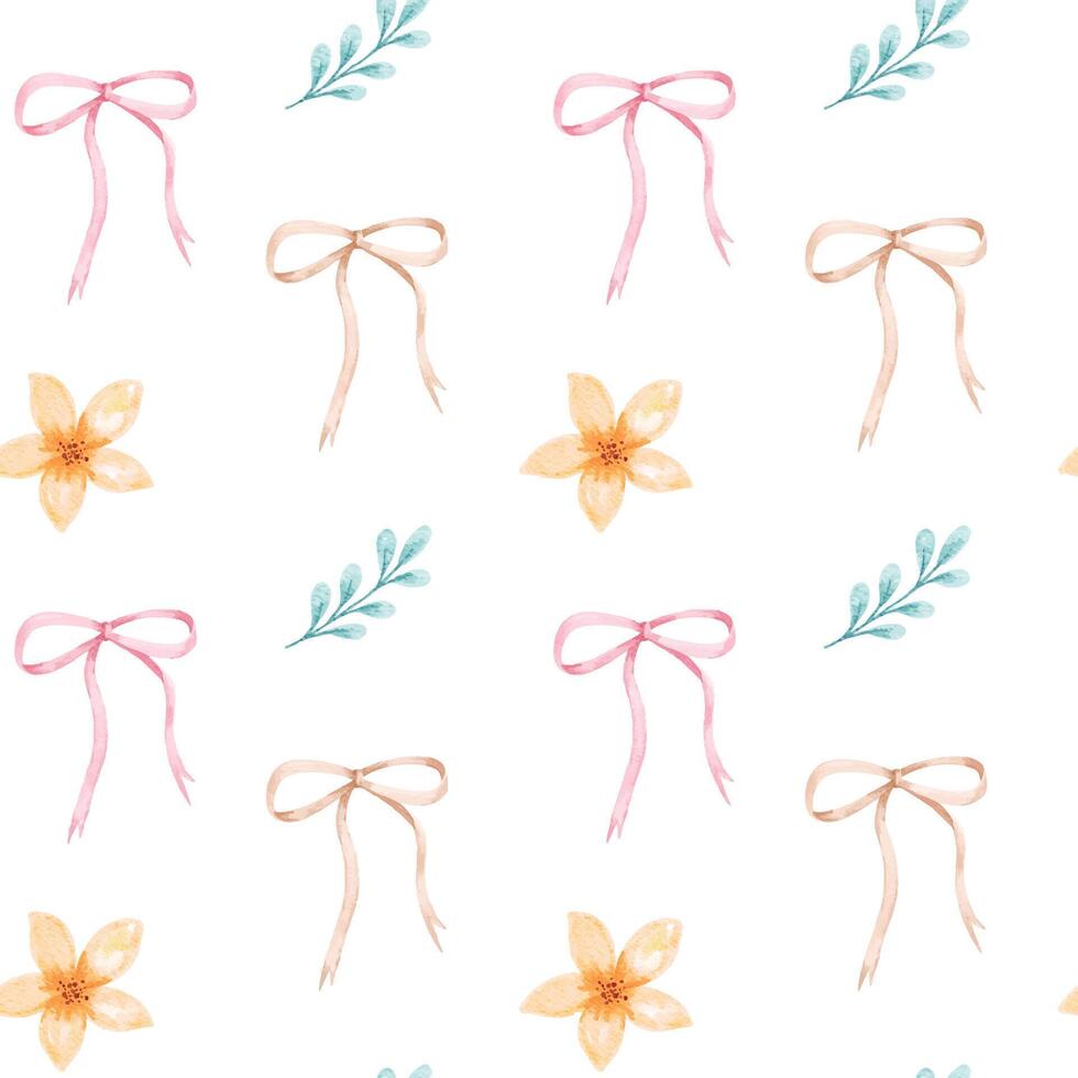seamless pattern of delicate pink ribbon bows, flowers, and leaves on white background vector