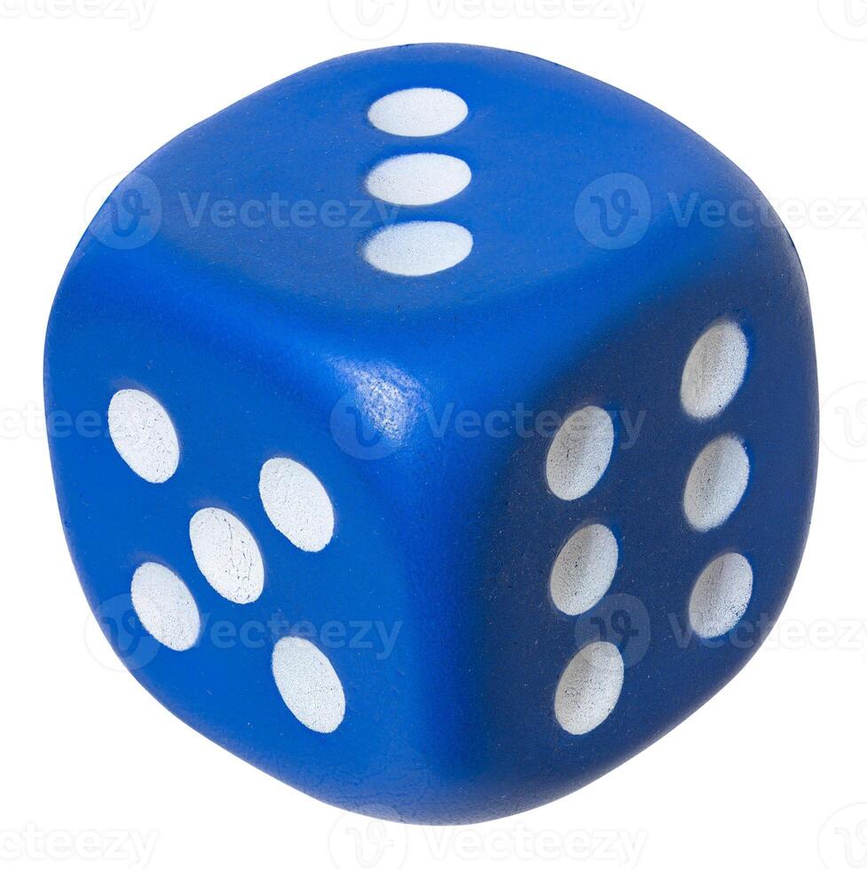 Blue die showing three on top isolated on white background photo