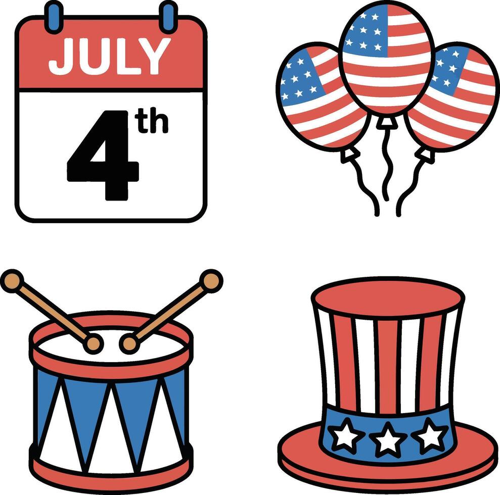 Independence Day Celebration Icons July 4th Calendar, Balloons, Drum, Hat vector